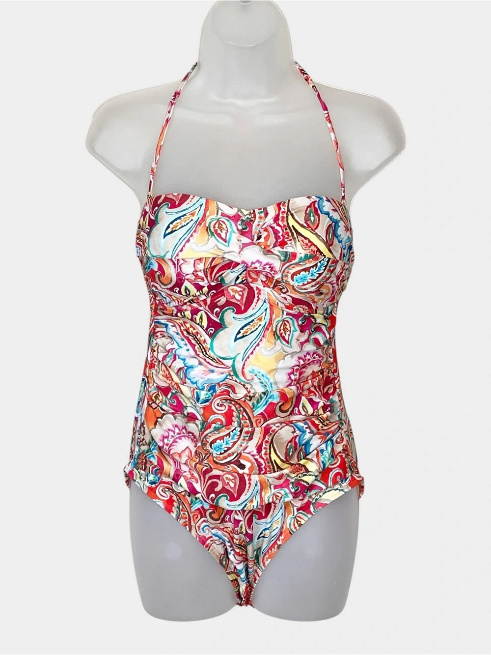 LAUREN RALPH LAUREN Paisley Ruched Halter One Piece Swimsuit Size 8